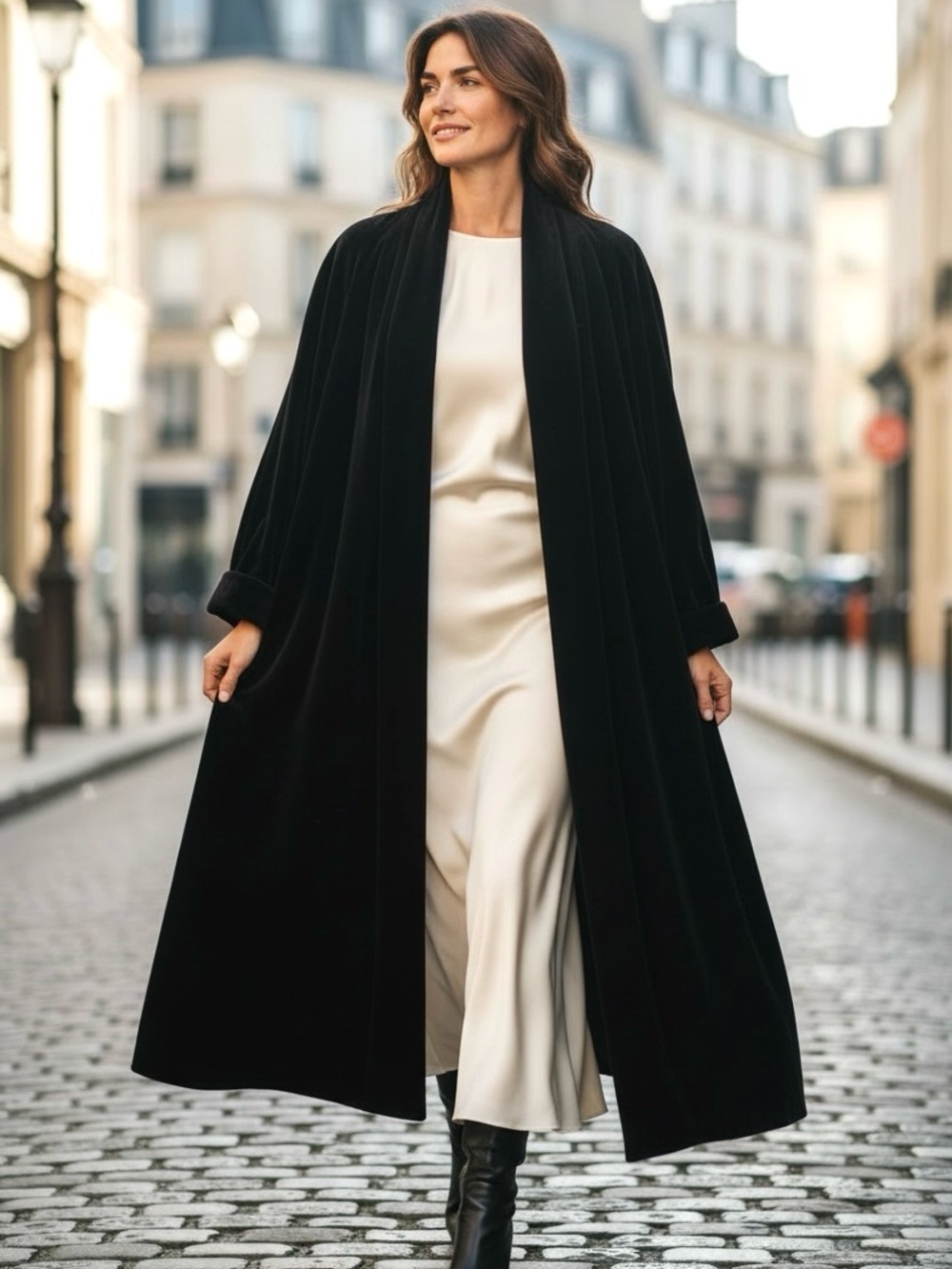 90s JS COLLECTIONS COTTON BLACK VELVET MIDI OPERA COAT FORMAL EVENING LUXURY M